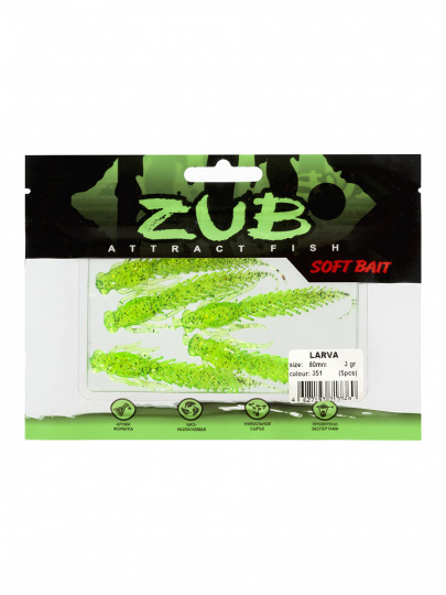 Приманка ZUB-LARVA  80мм-5шт, (цвет 351) шартрез с блестками